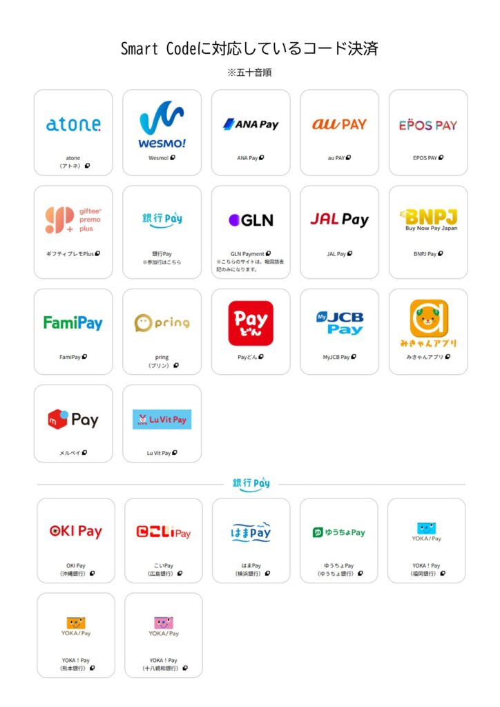 スマートコードに対応しているコード決済一覧